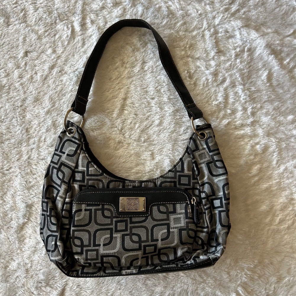 Liz Claiborne Shoulder Bag Womens Small Black Grey Y2K Mini Geometric Logo Hobo - Picture 2 of 8